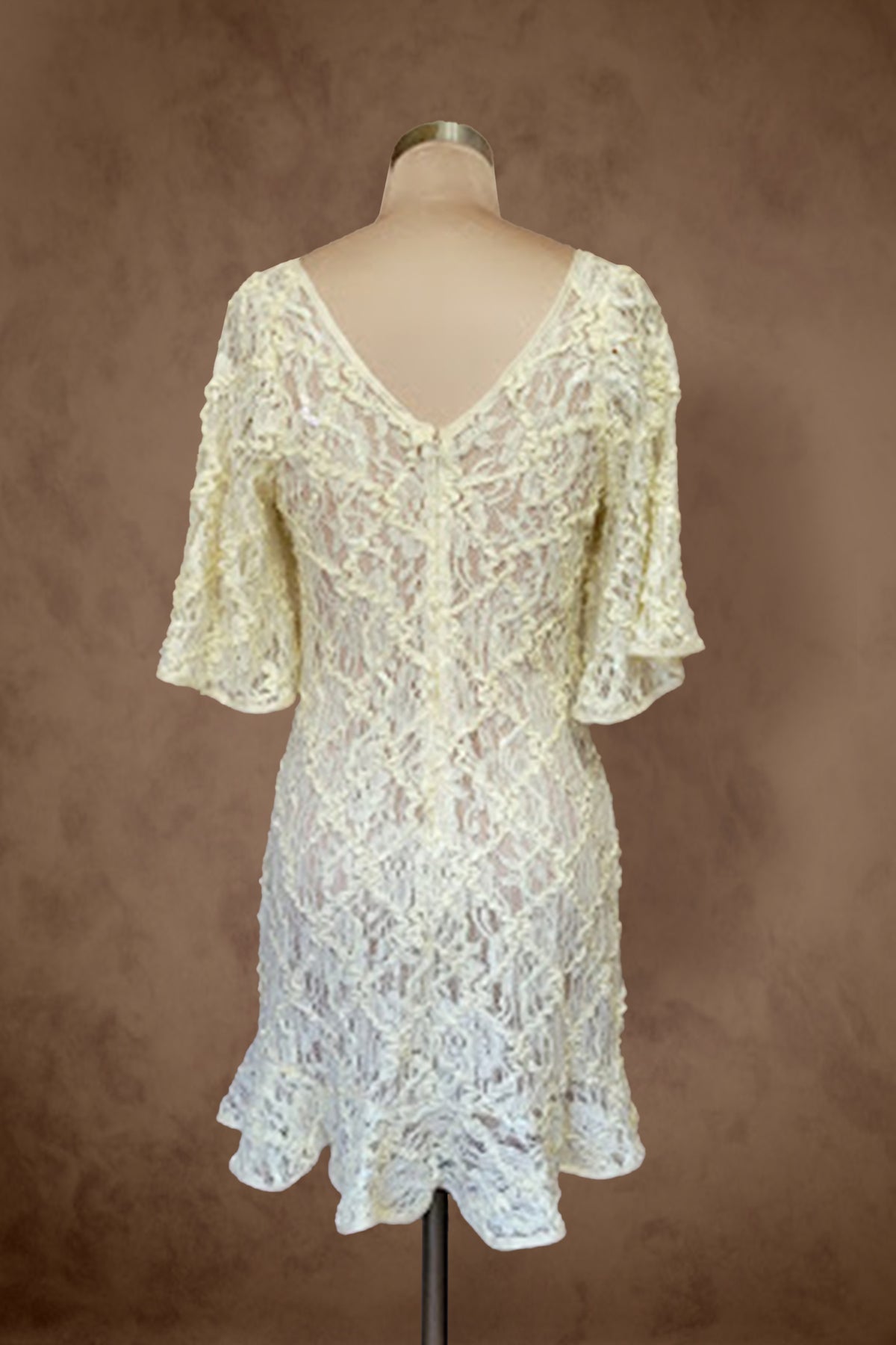 Solana | Ivory Floral Lace Sheer Dress with Bell Sleeves