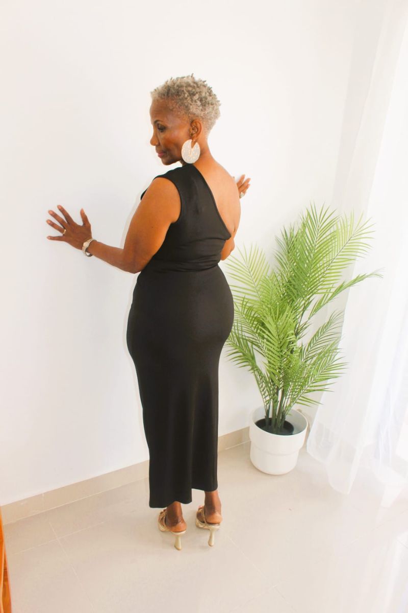 OLinda One shoulder  Black Ribbed Knit fitted Dress