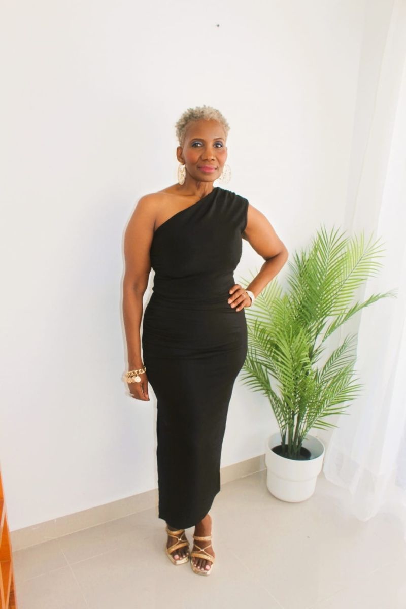 OLinda One shoulder  Black Ribbed Knit fitted Dress