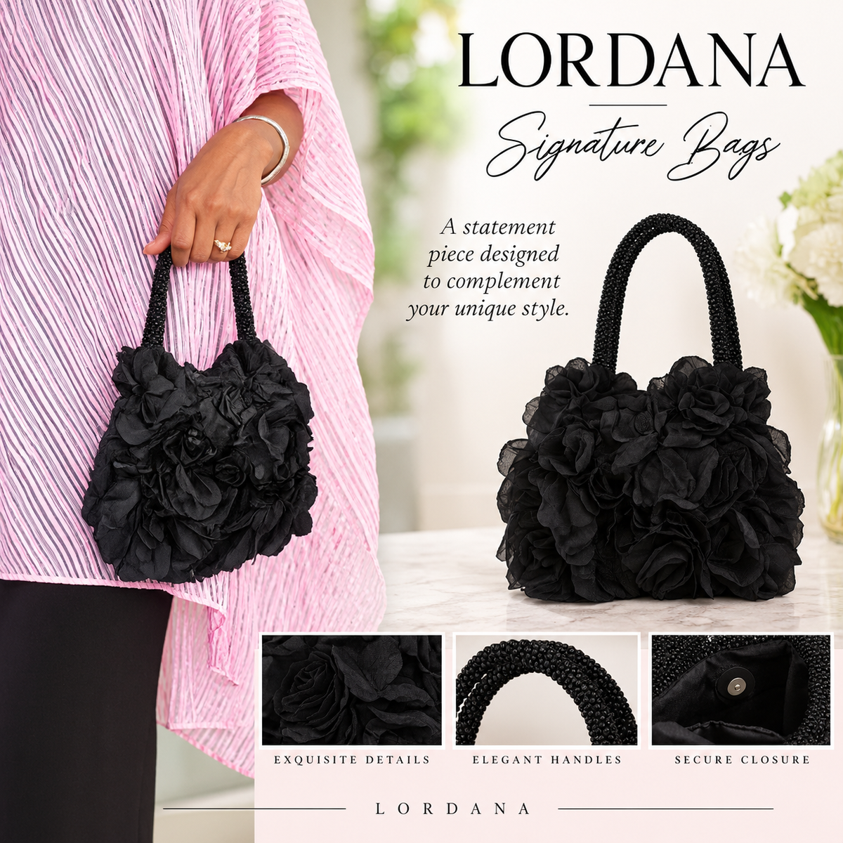 Lordana Black Floral Statement Handbag