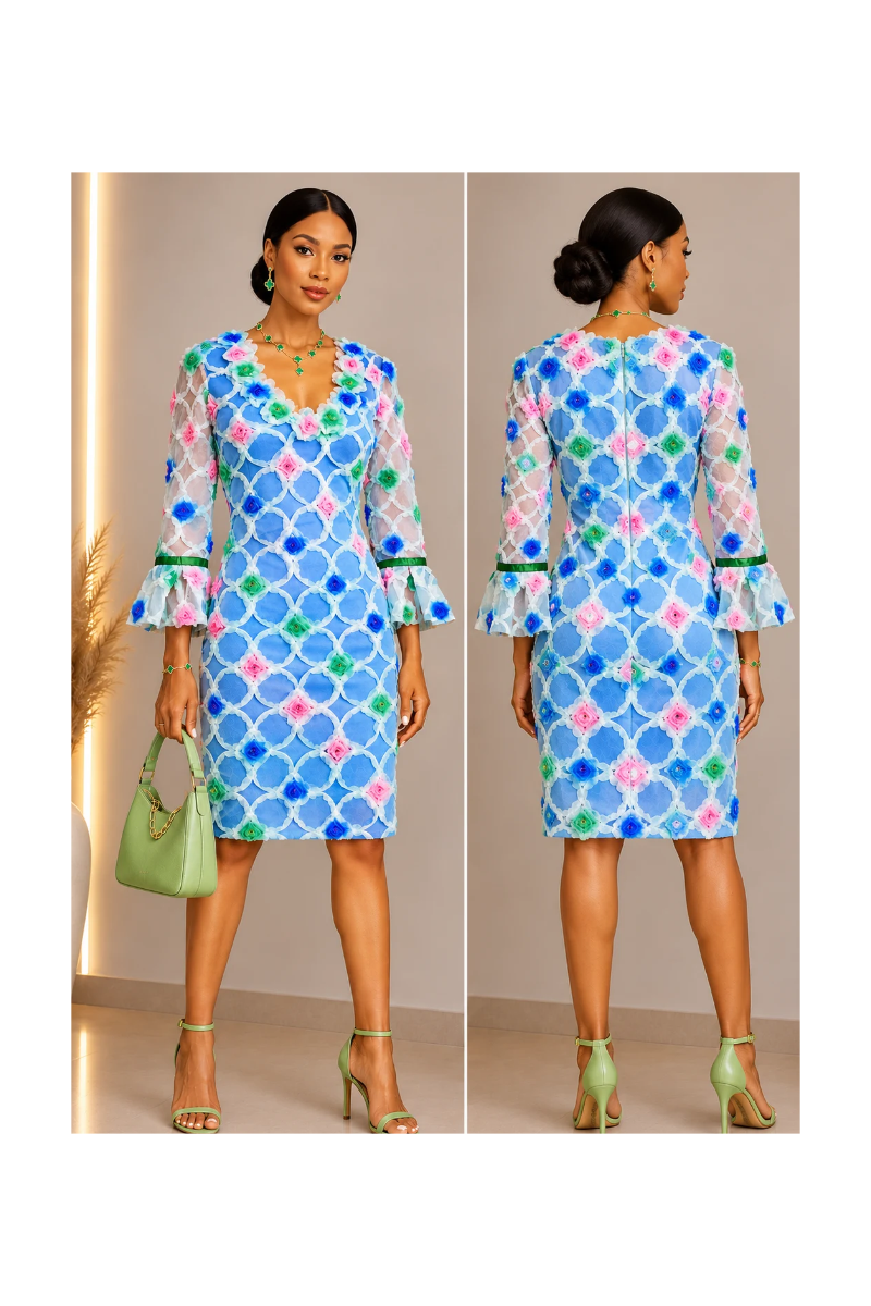 Rachel | 3/4 sleeves 3D Floral Appliqué Floral Blue Tulle Mini Dress