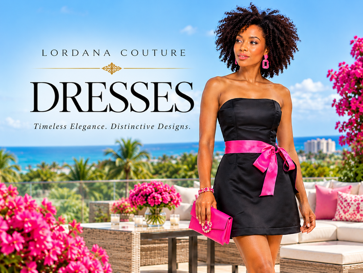 Lordana Couture Dresses collection banner, black satin mini dress with pink bow, tropical rooftop