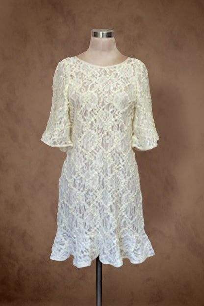 Solana | Ivory Floral Lace Sheer Dress with Bell Sleeves