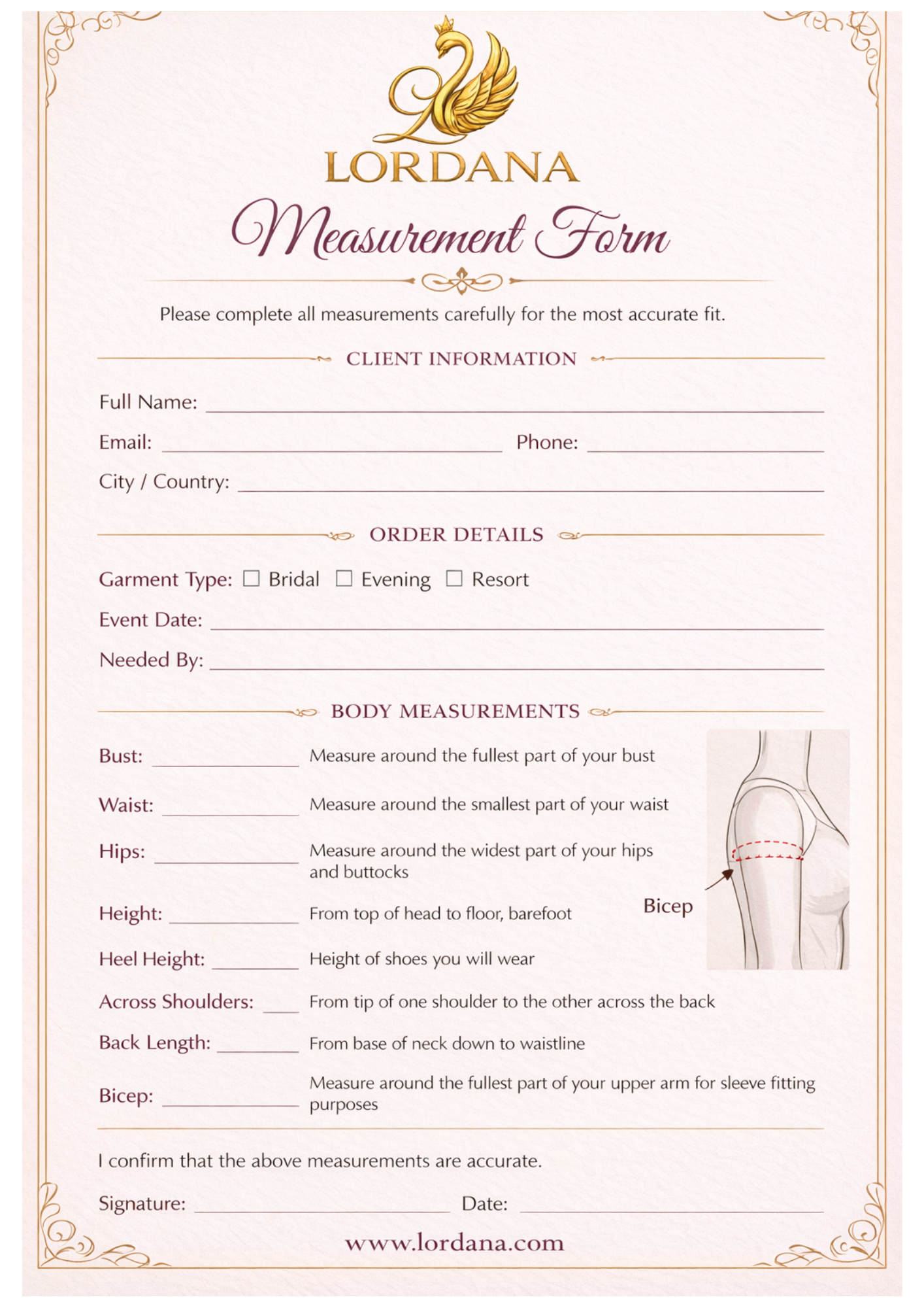 Lordana measurement form for clothing with client information and body measurements sections.