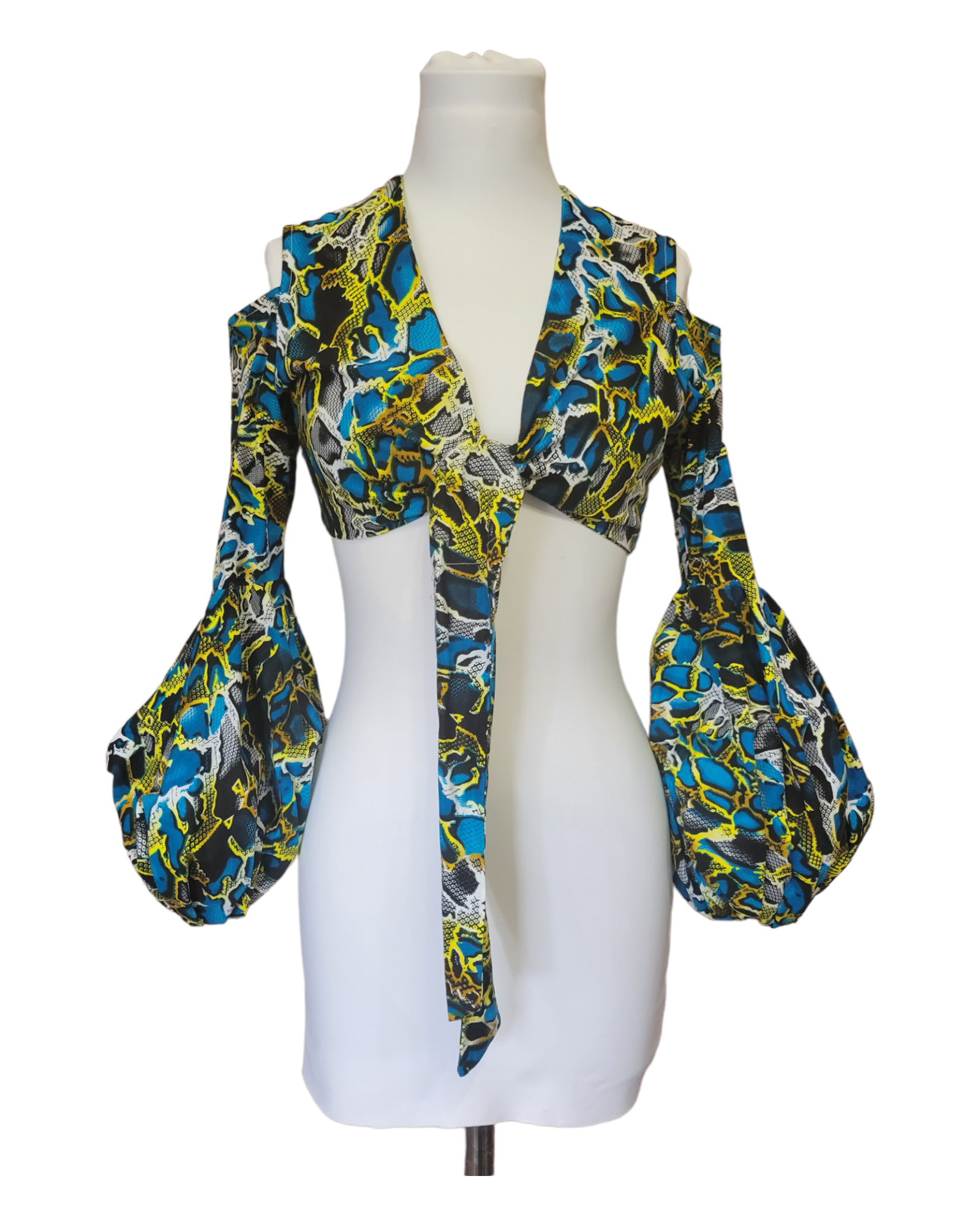 The V-Neck Printed Crop Jacket With Puff Sleeves