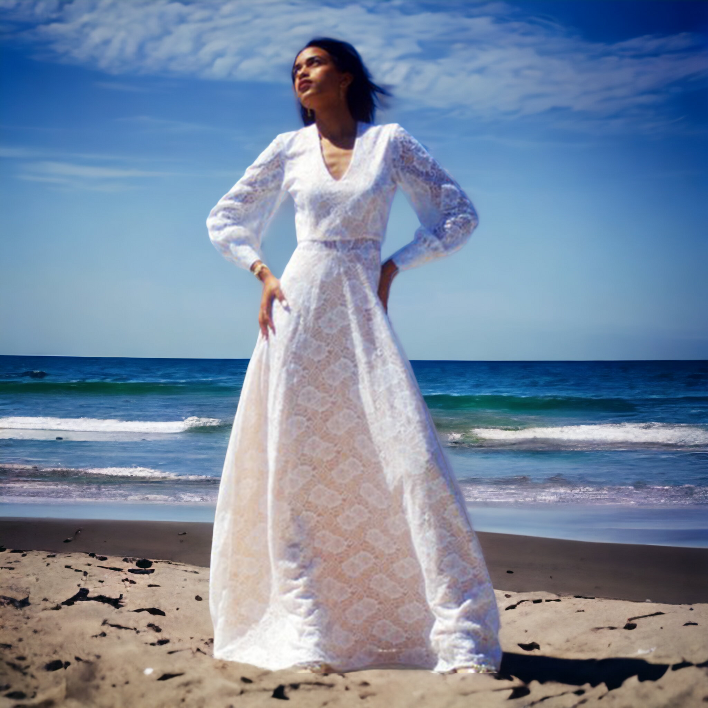 The Angelica Long Sleeve  Lace V Neck Bridal Gown