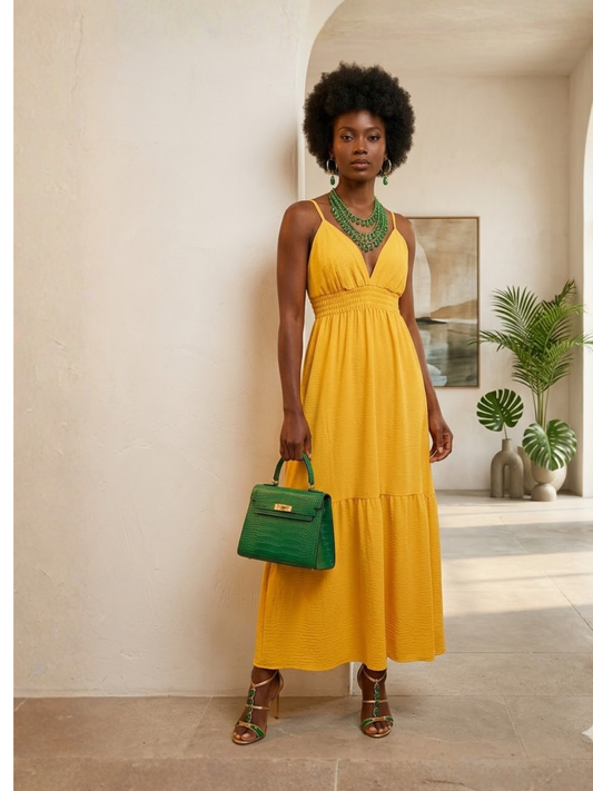 Alisa Resort Yellow Tiered Halter Midi Dress