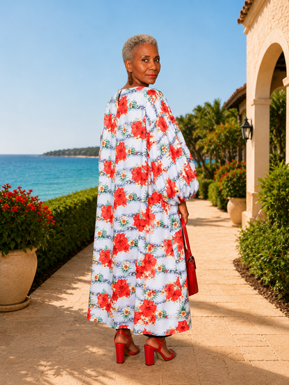 Altagracia White Floral Puff Sleeves Duster