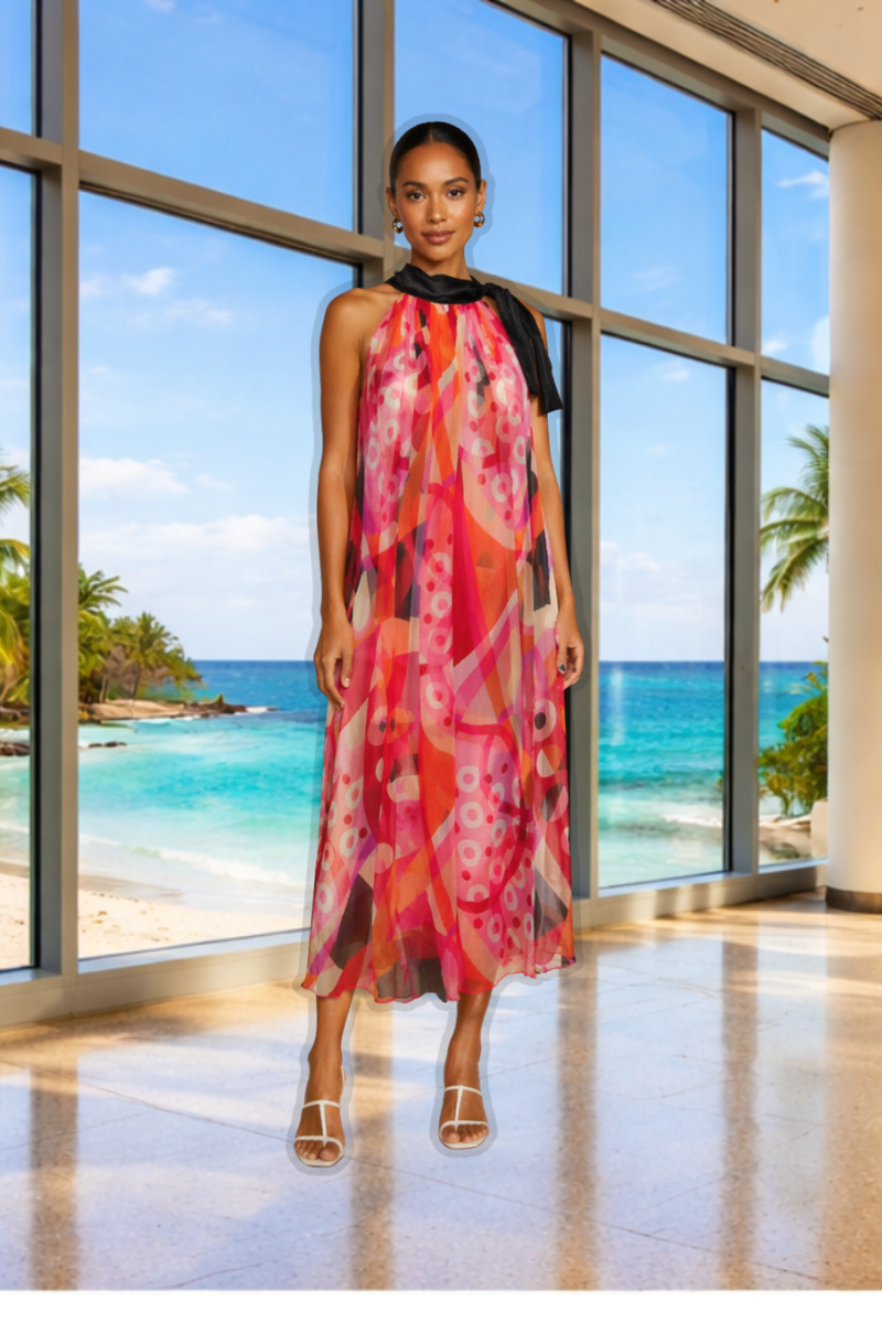 Islana Halter Geometric  Chiffon Dress