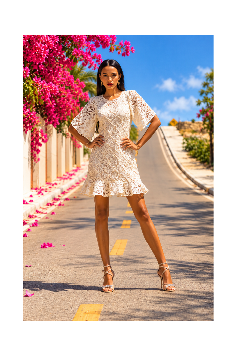 Solana | Ivory Floral Lace Sheer Dress with Bell Sleeves