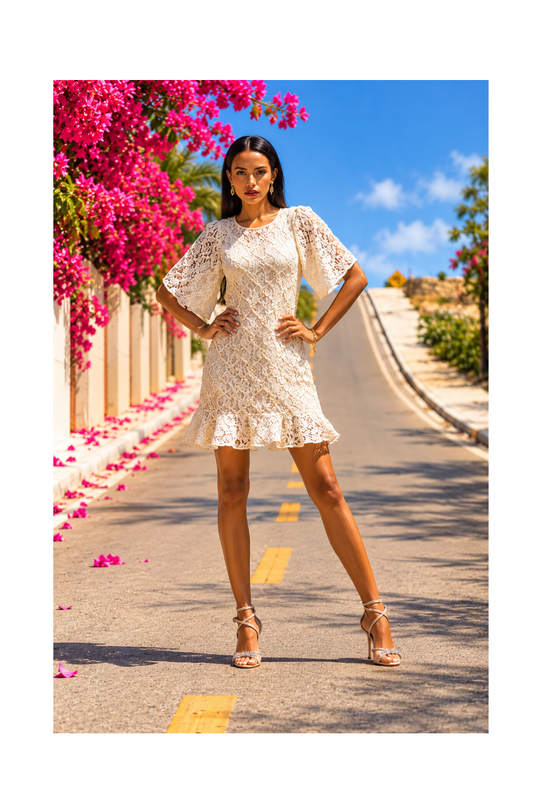 Solana | Ivory Floral Lace Sheer Dress with Bell Sleeves
