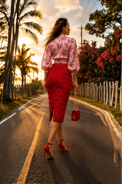 Rosetta  Red Rosette Pencil Skirt