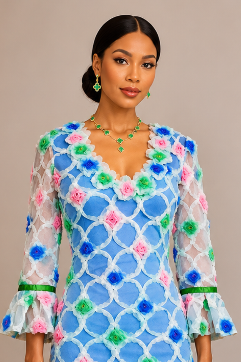 Rachel | 3/4 sleeves 3D Floral Appliqué Floral Blue Tulle Mini Dress