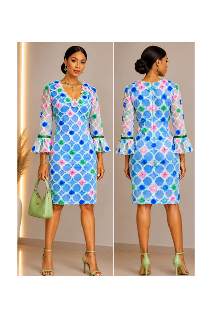 Rachel | 3/4 sleeves 3D Floral Appliqué Floral Blue Tulle Mini Dress