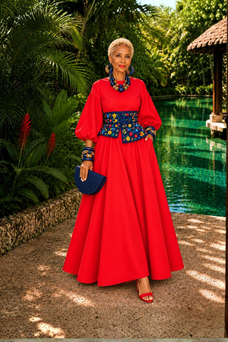 Amara Scarlet Balloon Sleeve Maxi Dress