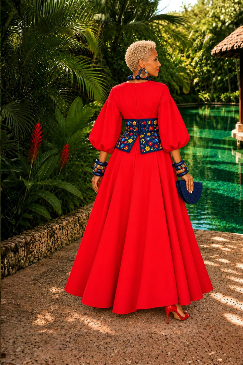 Amara Scarlet Balloon Sleeve Maxi Dress