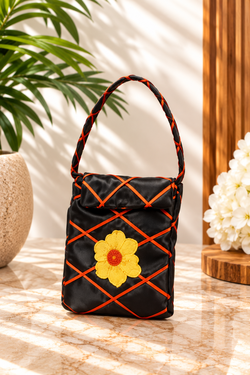 Soleil | Black Satin Floral Statement Handbag