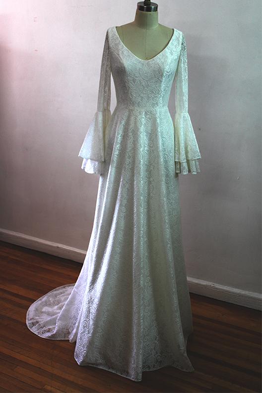 The Tabita Beige Bell sleeves wedding Gown