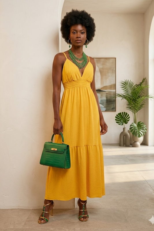 Alisa Resort Yellow Tiered Halter Midi Dress