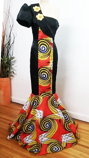 Afina  Afrocentric Print and Solid Black One Shoulder Gown (Made to Order)