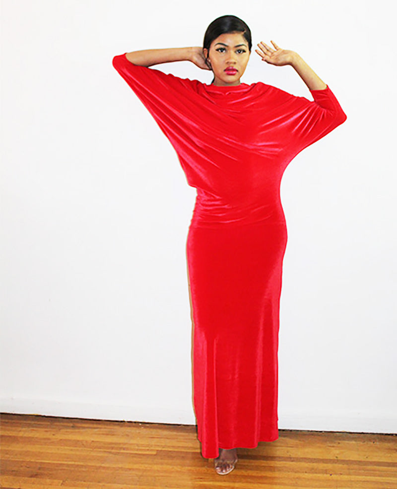 Abrica - Red Stretched Velvet A-Line Max Dress