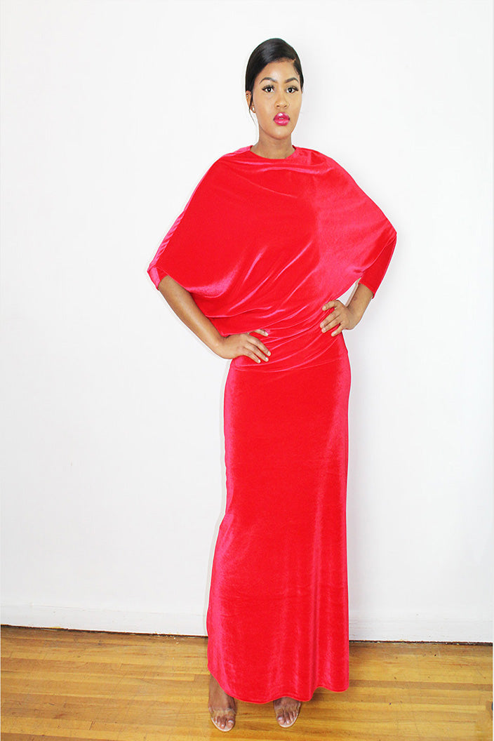 Abrica - Red Stretched Velvet A-Line Max Dress