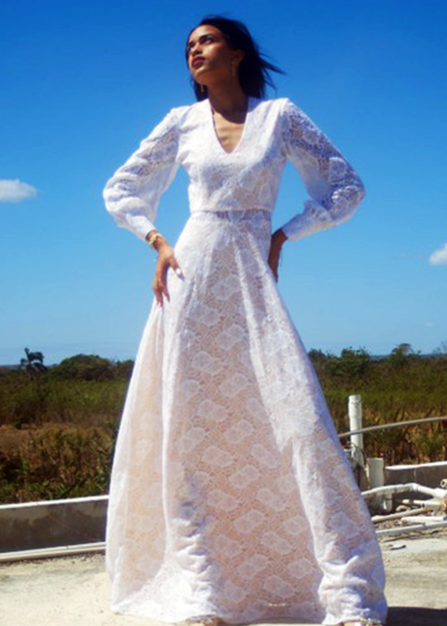 The Angelica Long Sleeve  Lace V Neck Bridal Gown