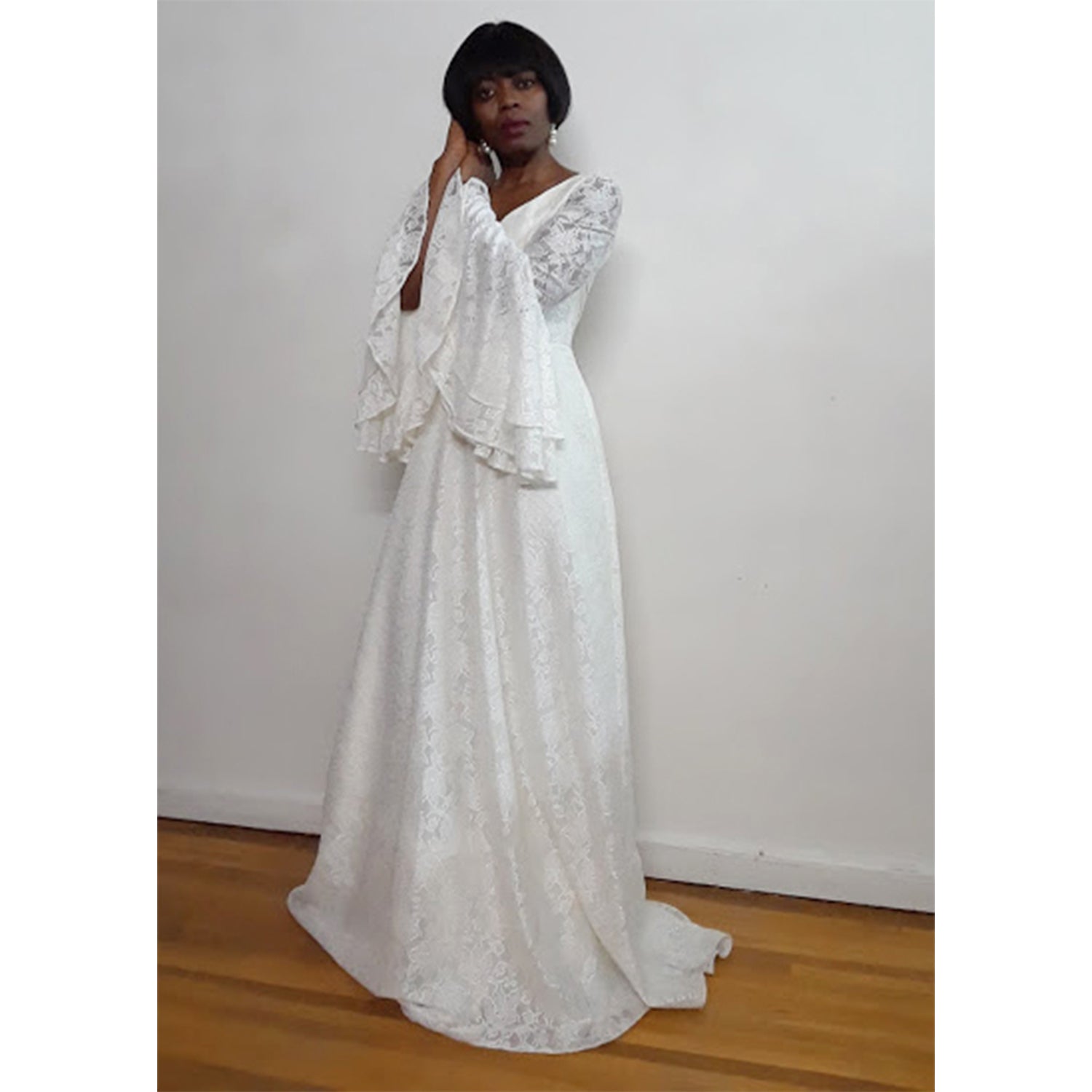 Lorna- Long Bell Sleeves Off White V-Shape Neckline  Lace Bridal Gown