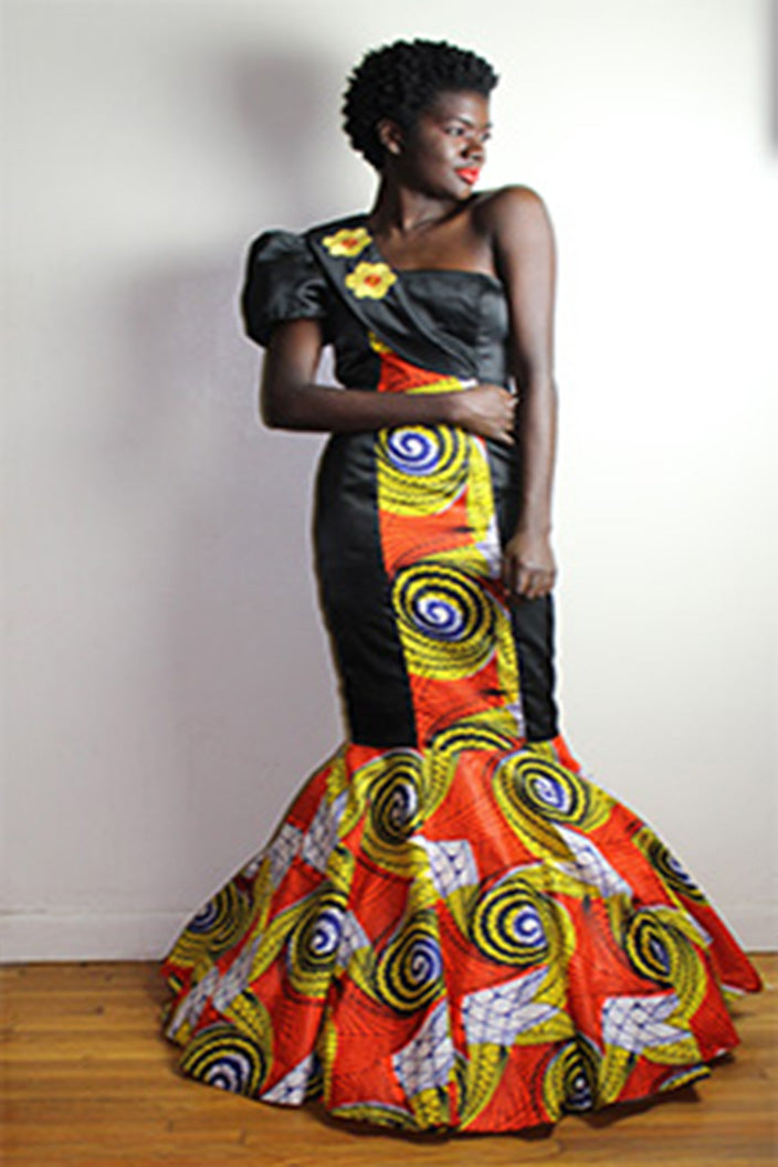 Afina  Afrocentric Print and Solid Black One Shoulder Gown (Made to Order)