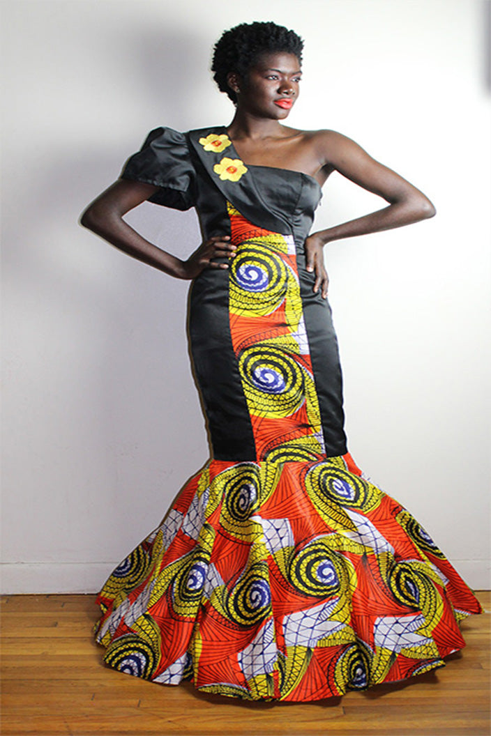 Afina  Afrocentric Print and Solid Black One Shoulder Gown (Made to Order)