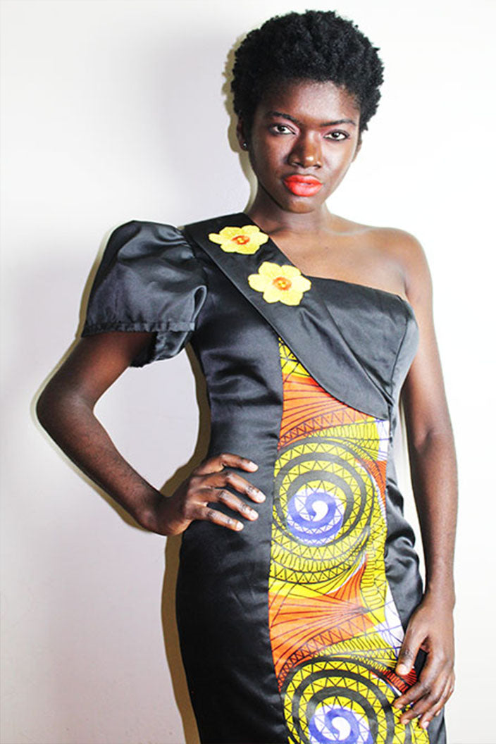 Afina  Afrocentric Print and Solid Black One Shoulder Gown (Made to Order)