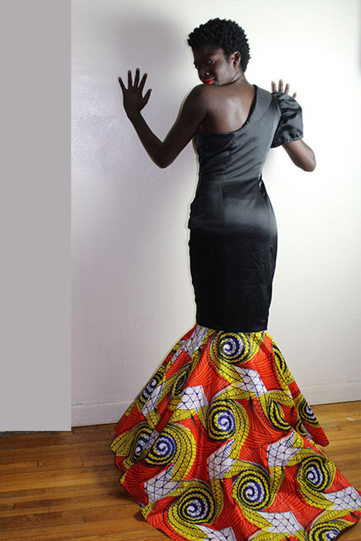 Afina  Afrocentric Print and Solid Black One Shoulder Gown (Made to Order)