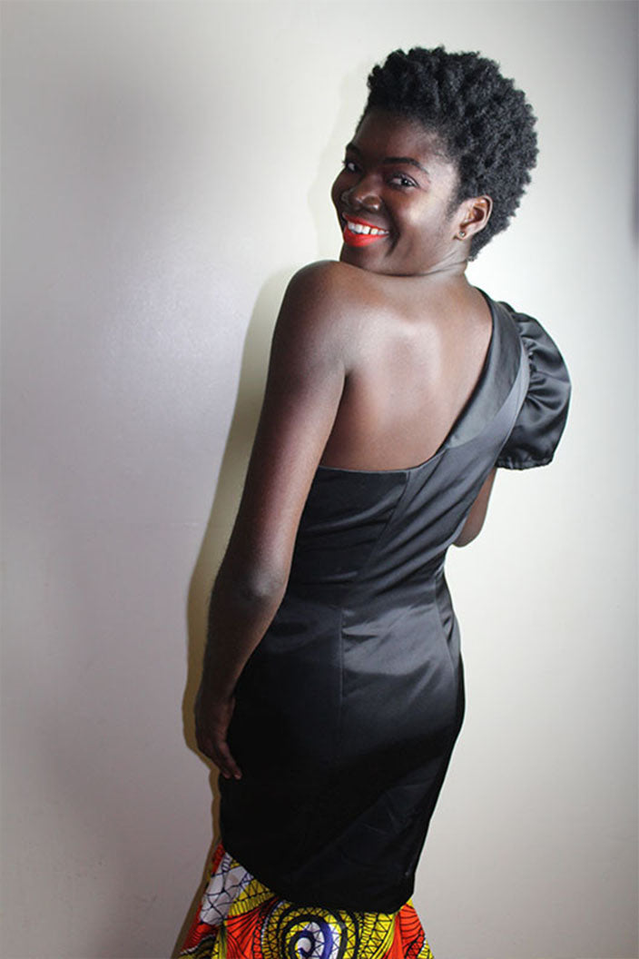 Afina  Afrocentric Print and Solid Black One Shoulder Gown (Made to Order)